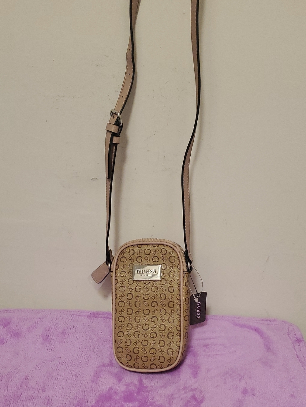 GUESS Tan Signature Monogram Crossbody Phone Bag